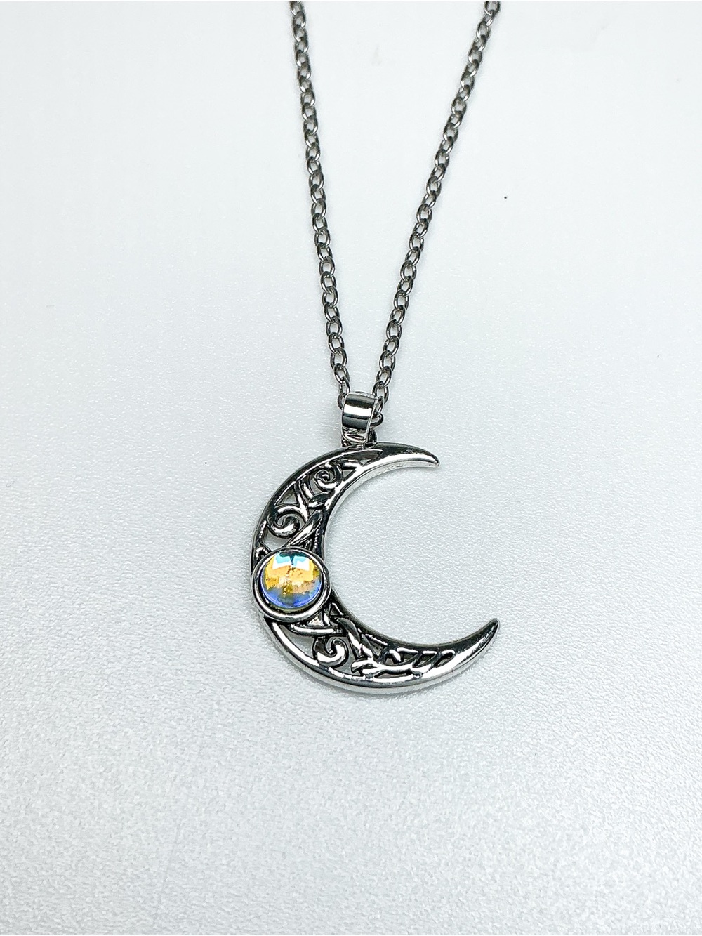 🌙Silver Crescent Moon Crystal Moonstone Pendant Necklace
